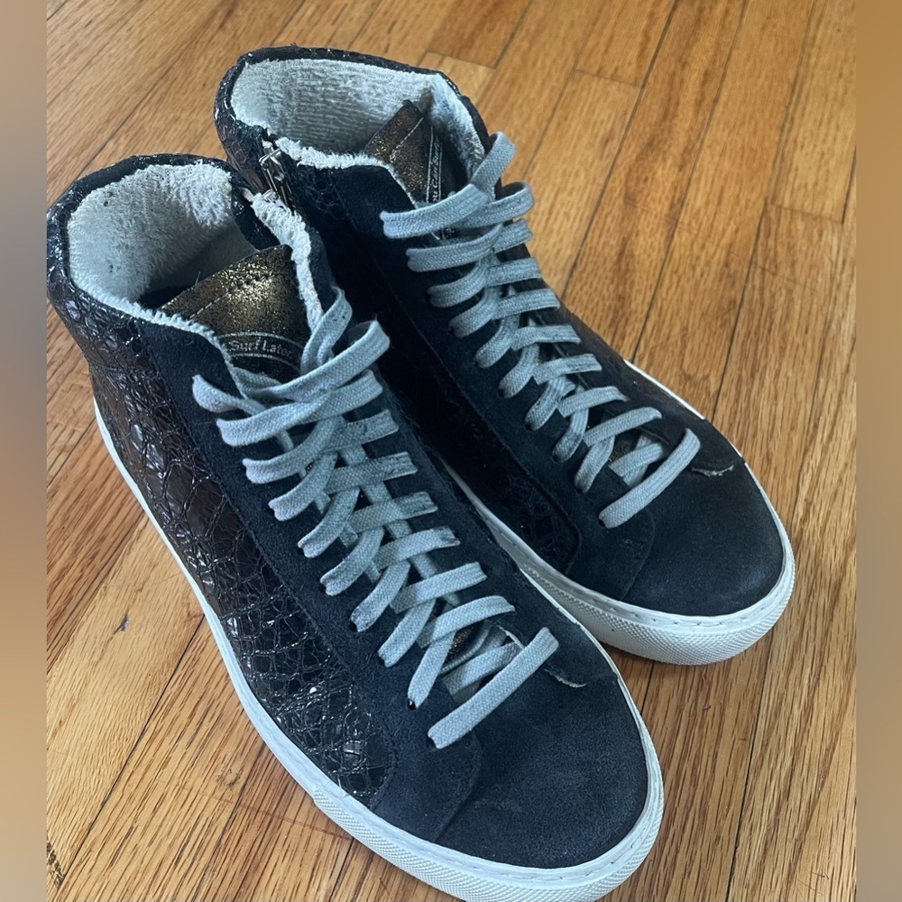 P448 Crock Black High-Top Sneakers with Silver Accents and Gold Tongue 37 - Picture 2 of 5